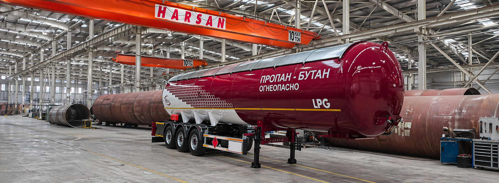 Harsan üretim tesisinde tamamlanmış, uluslararası sevkiyata hazır LPG taşıma tankeri ve semi-treyler.