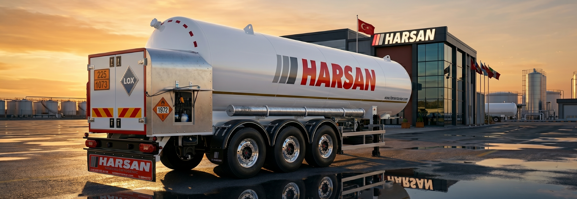 Harsan Tanker genel merkez binası önünde konumlandırılmış üstün güvenlikli sıvı oksijen (LOX) kriyojenik taşıma tankeri ve semi-treyler.