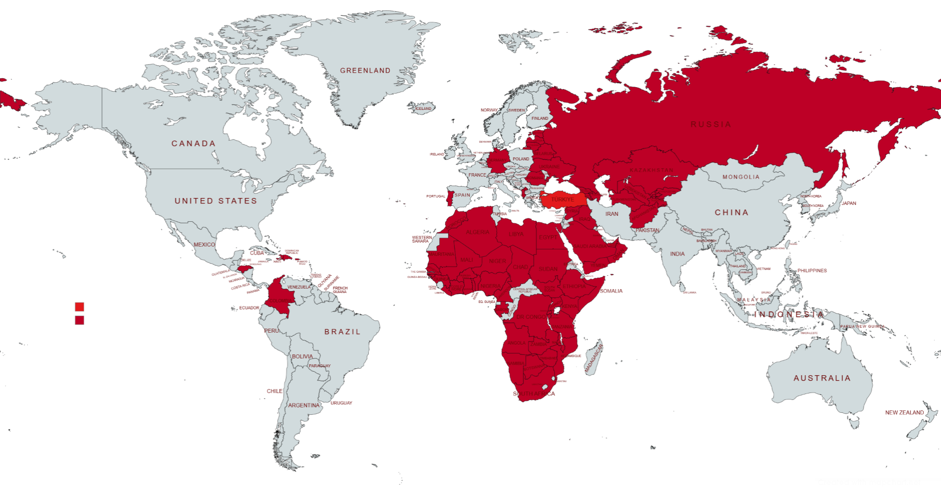 Harsan Tanker'in Afrika, Latin Amerika, Orta Doğu ve BDT ülkeleri başta olmak üzere dünya genelindeki LPG ve kriyojenik tank ihracat ağını gösteren küresel satış haritası.