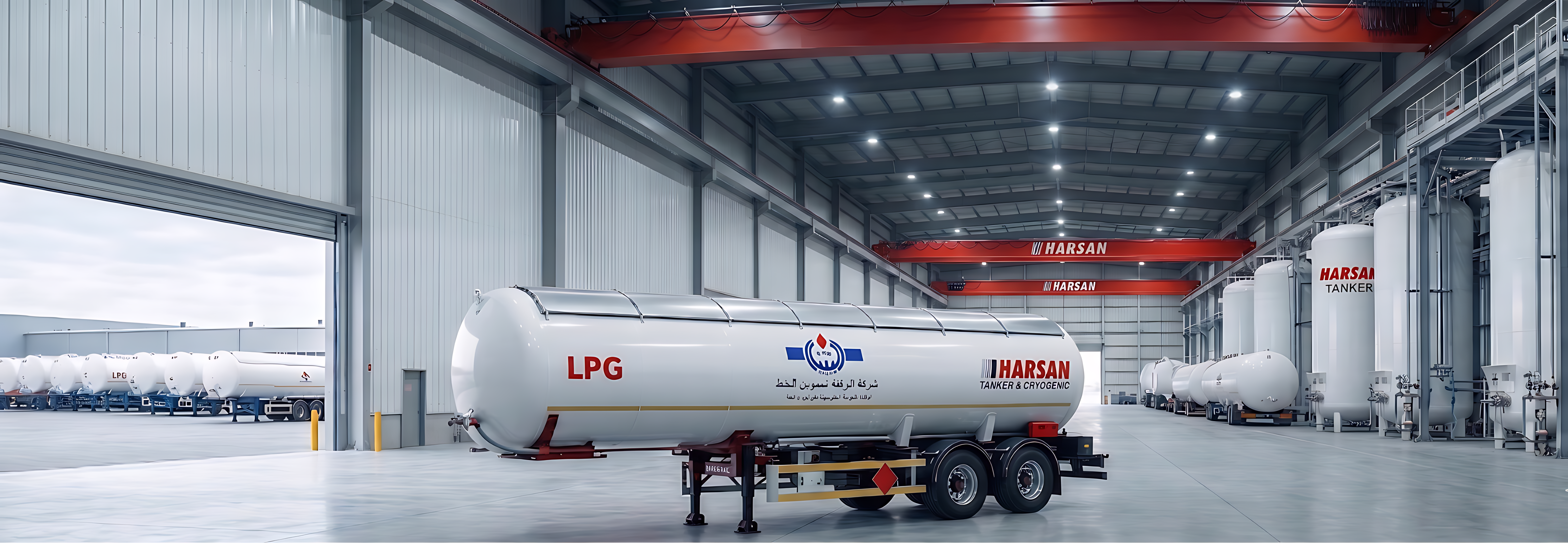 Harsan üretim tesisinde tamamlanmış, uluslararası sevkiyata hazır LPG taşıma tankeri ve semi-treyler.