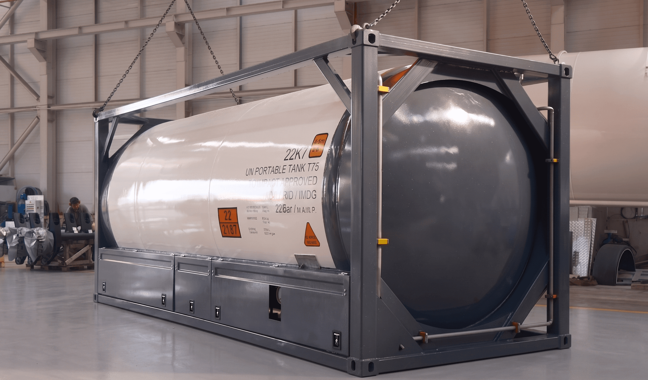 Harsan Tanker 20 FT LCO2 kriyojenik ISO tank yan görünüm koyu mavi çerçeve beyaz tank EN 14025